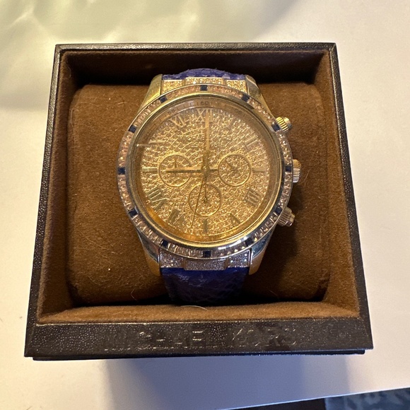Michael Kors MK2311 Glitz Layton Blue Snakeskin Gold Tone Watch With Crystals - Picture 1 of 4